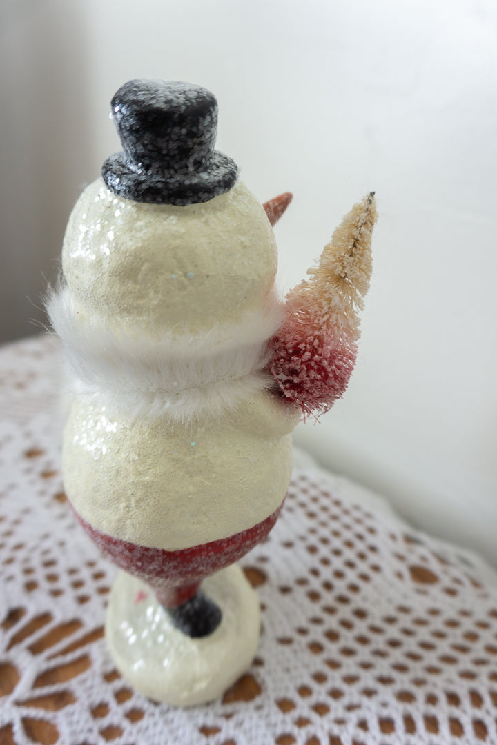 Vintage Style Snowman Holding Bottlebrush Tree