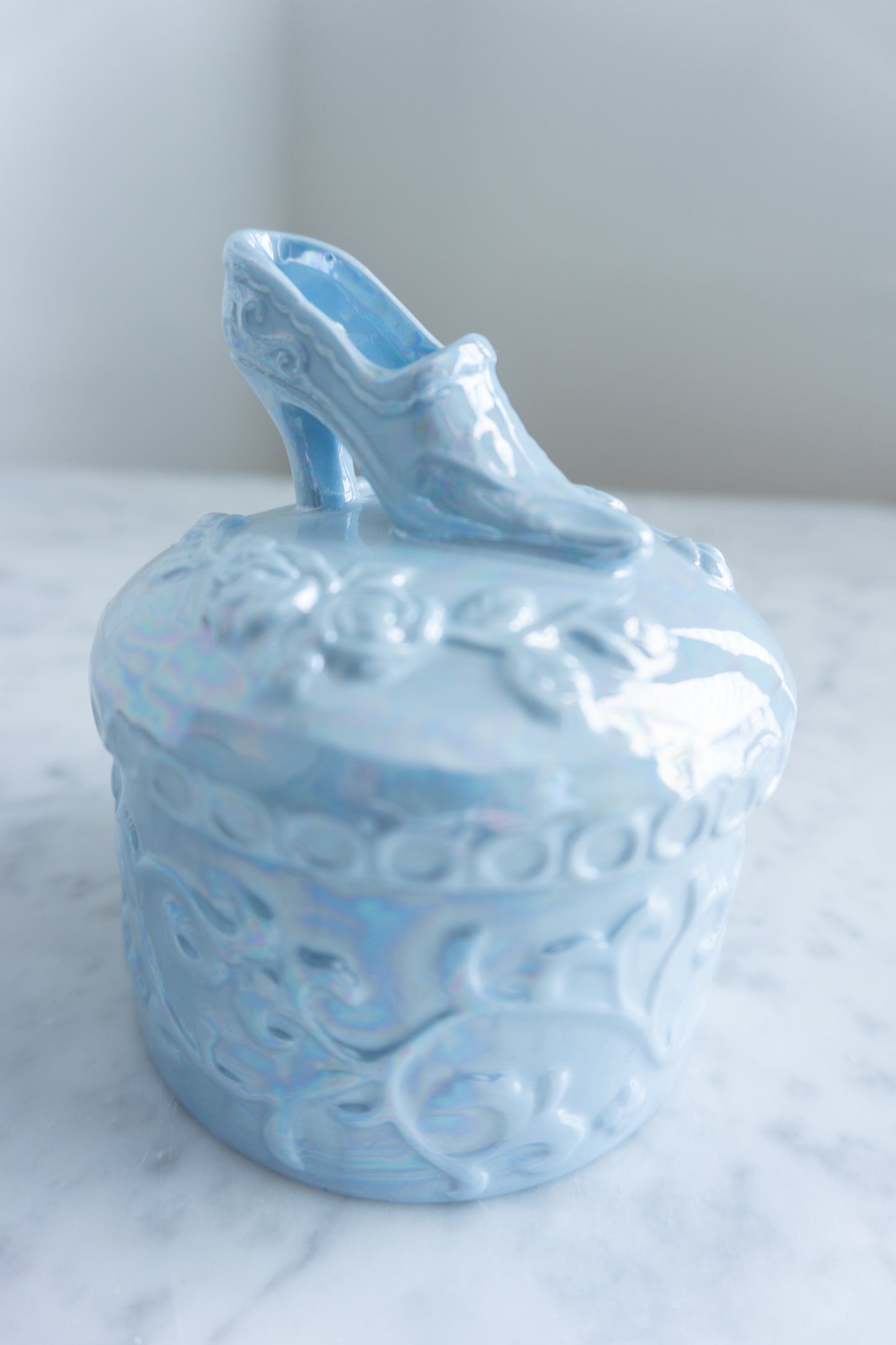 Blue Pearlized Glazed Trinket Box Shoe Top Lid Ceramic
