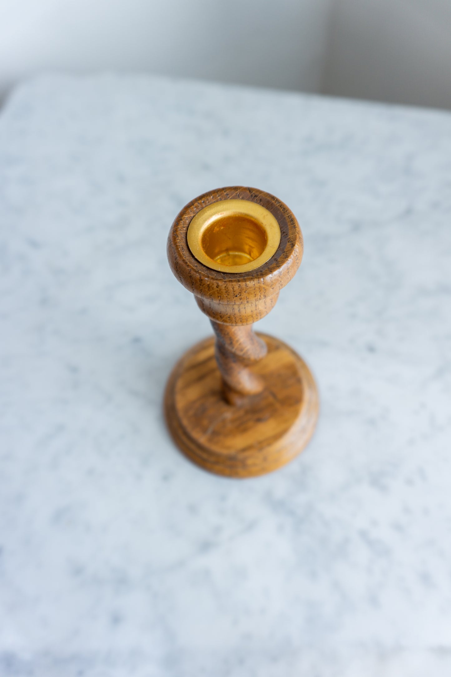 Barley Twist Wooden Candlestick Holder with Brass Inlay