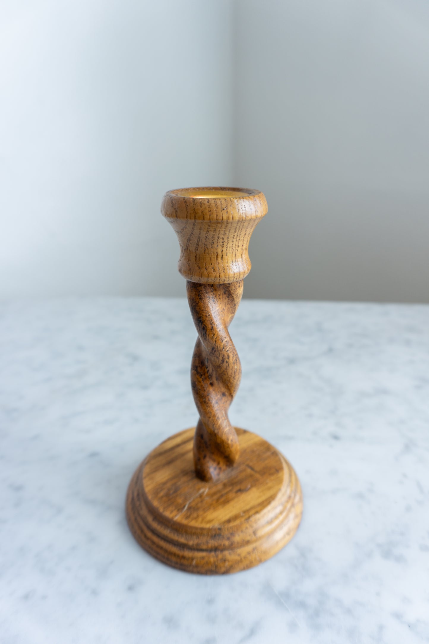 Barley Twist Wooden Candlestick Holder with Brass Inlay
