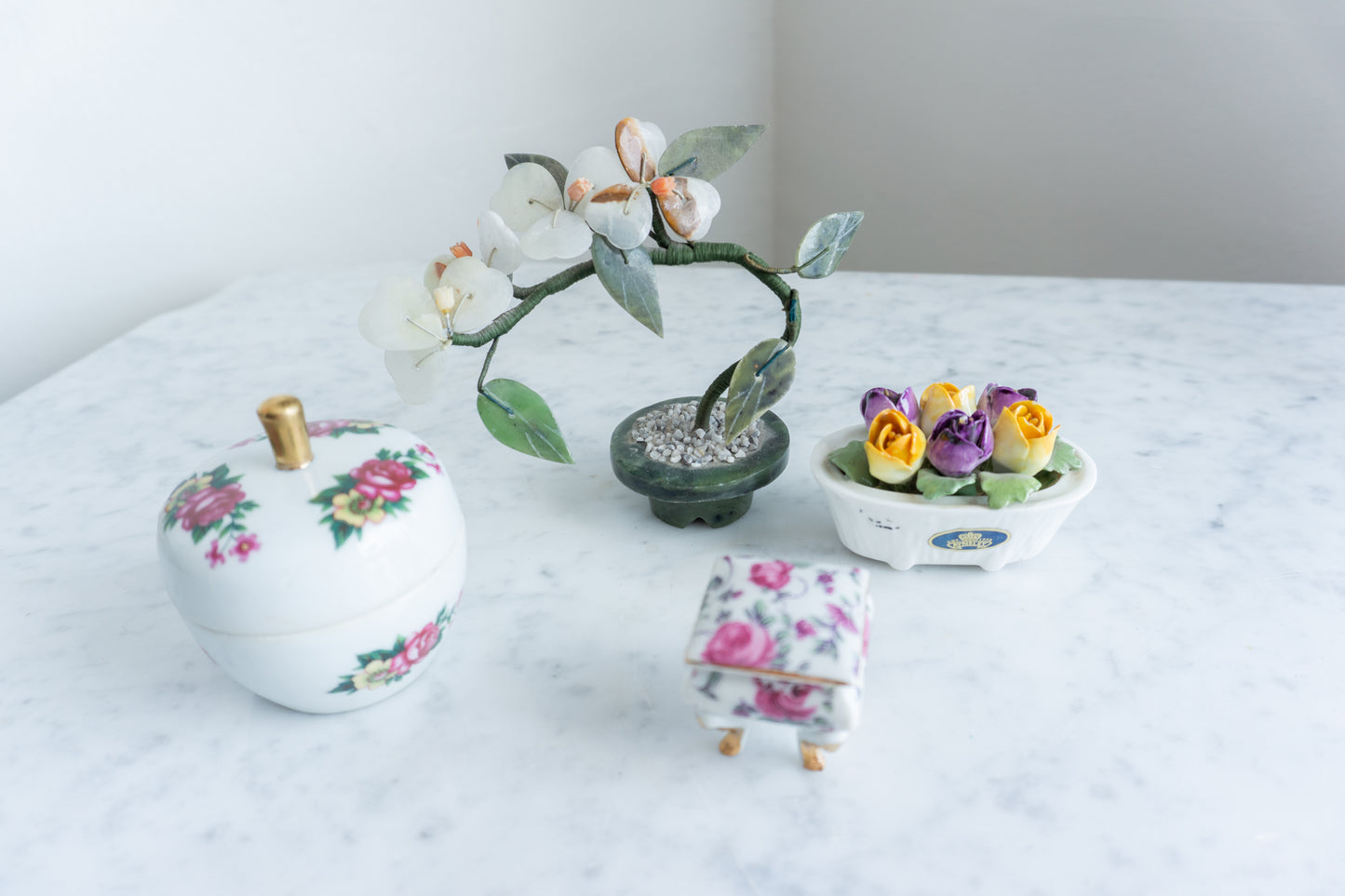 Floral Ceramic Keepsake Boxes & Jade Flower Arrangement