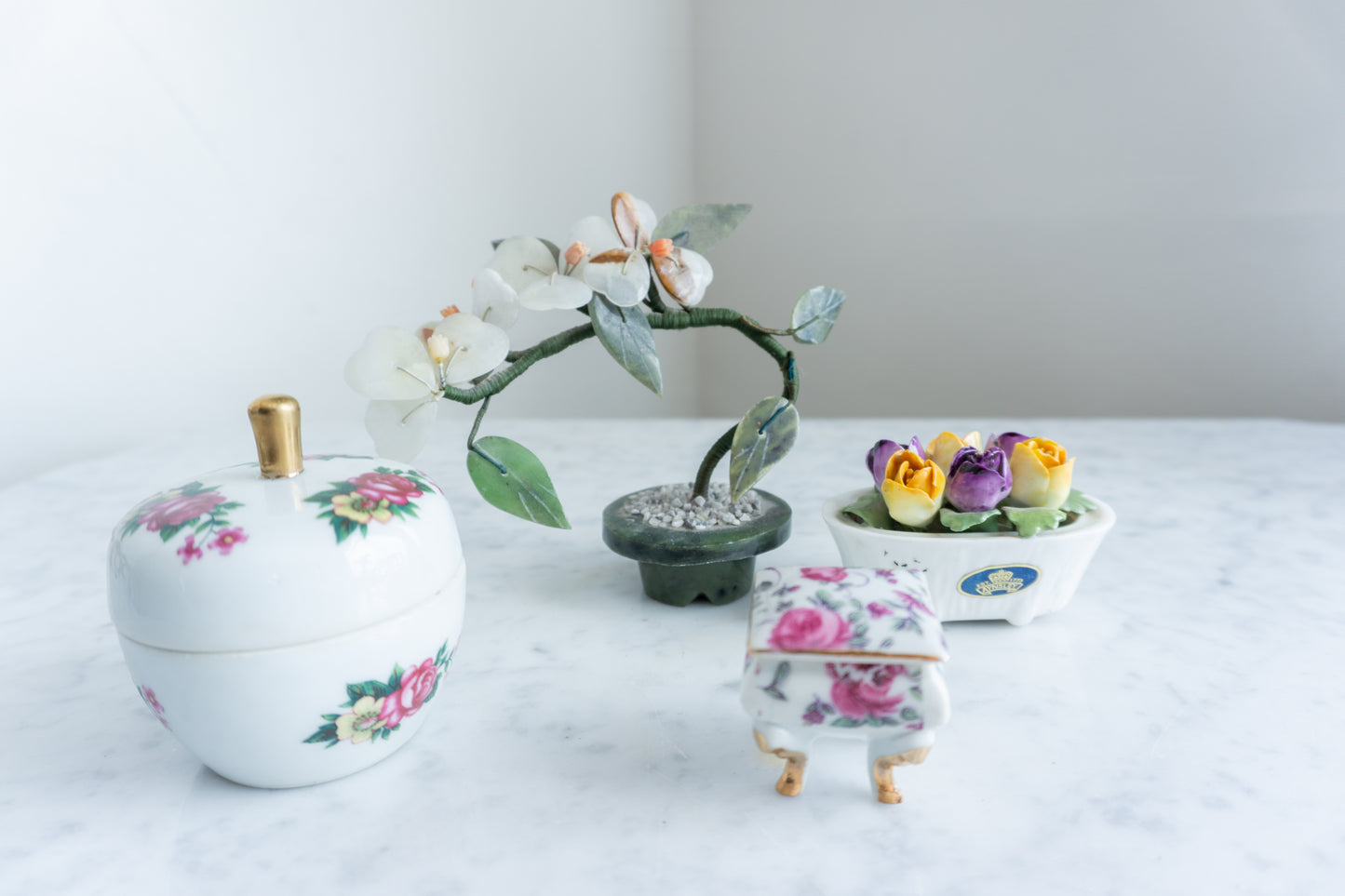 Floral Ceramic Keepsake Boxes & Jade Flower Arrangement