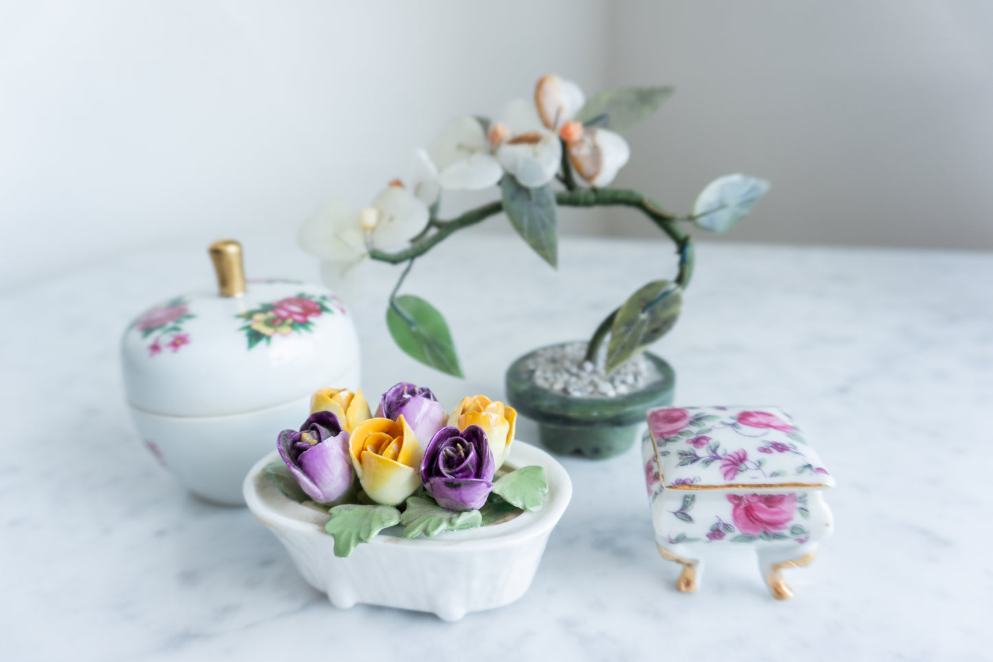 Floral Ceramic Keepsake Boxes & Jade Flower Arrangement