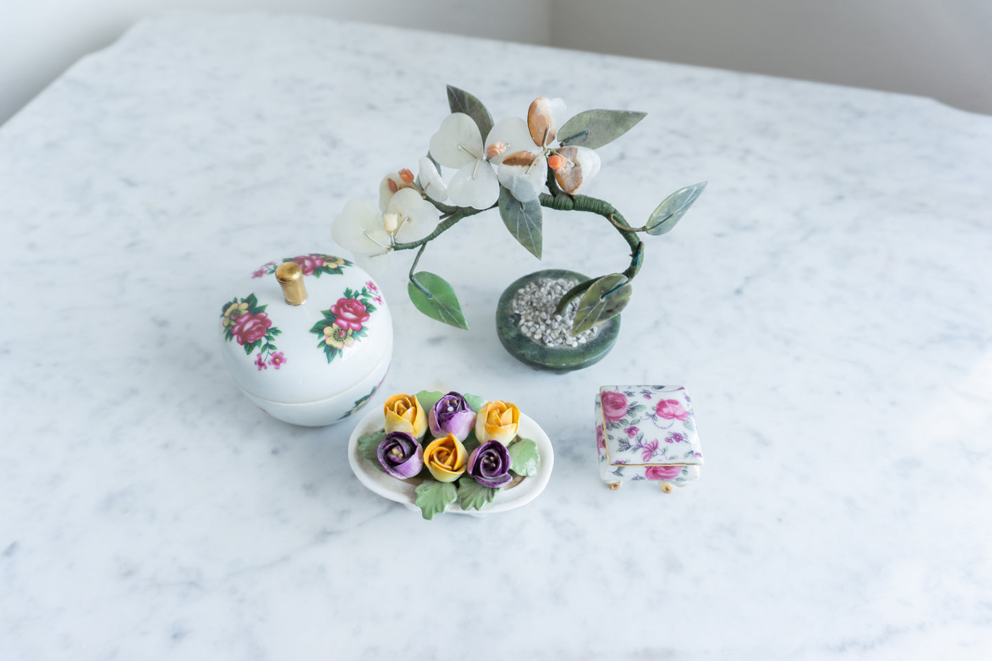 Floral Ceramic Keepsake Boxes & Jade Flower Arrangement