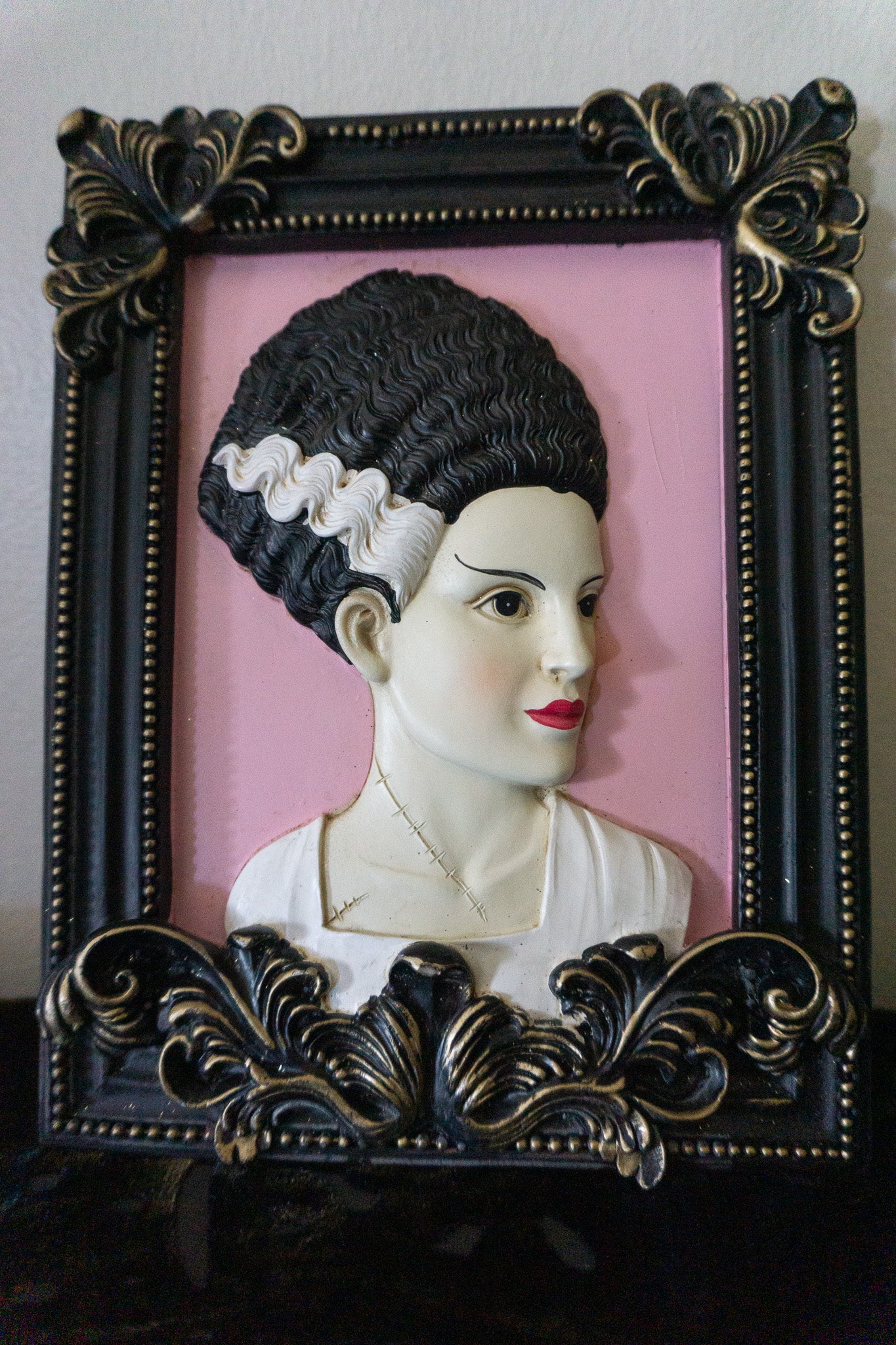 Bride of Frankenstein Pink Framed Halloween Decor