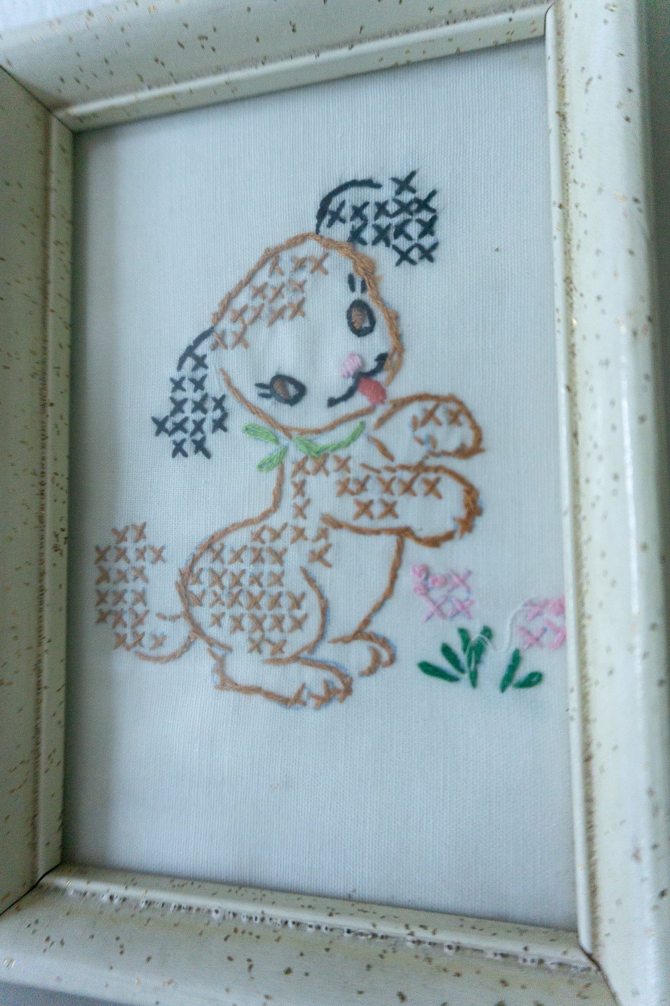 Cross stitched Puppy Framed Wall Art