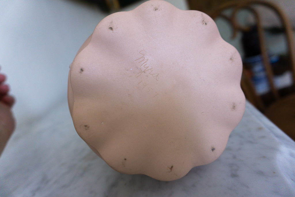 Another angle of the pink jasperware pitcher with intricate handle detailing