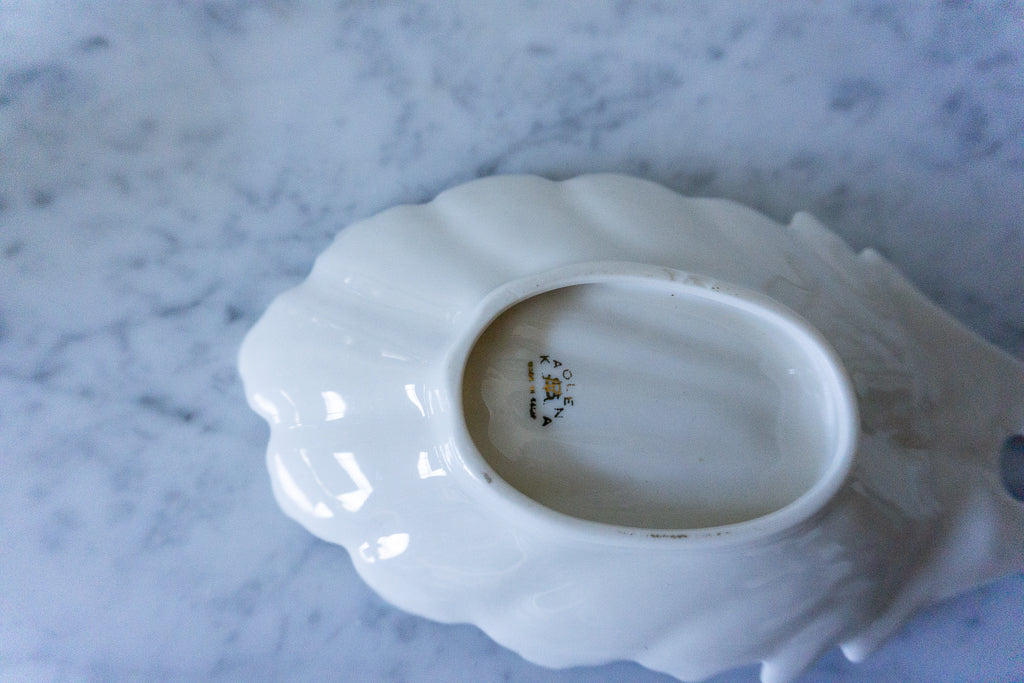 Underside of the KPM Bavaria Porcelain Leaf Dish showing "KAOLENA" marking