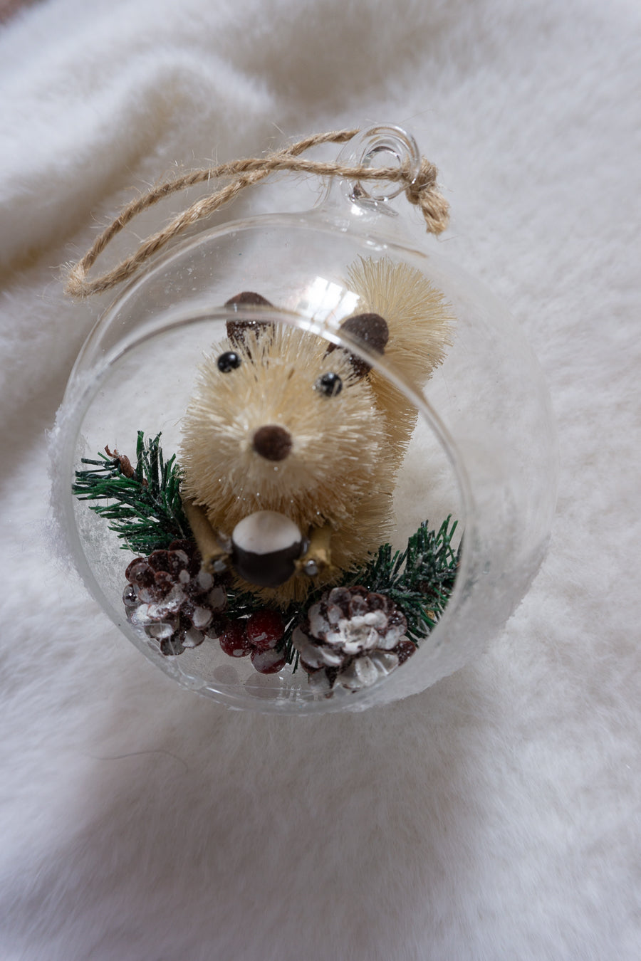 Bottlebrush Squirrel & Pinecones in Snowy Glass Christmas Tree Ornament