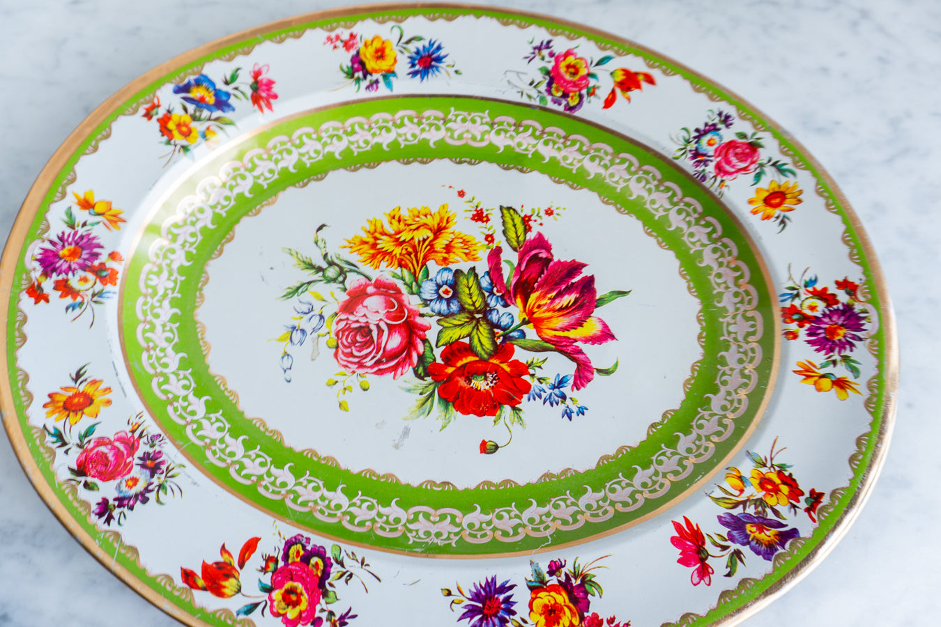 Vintage Cottage MCM Floral Tin Tray