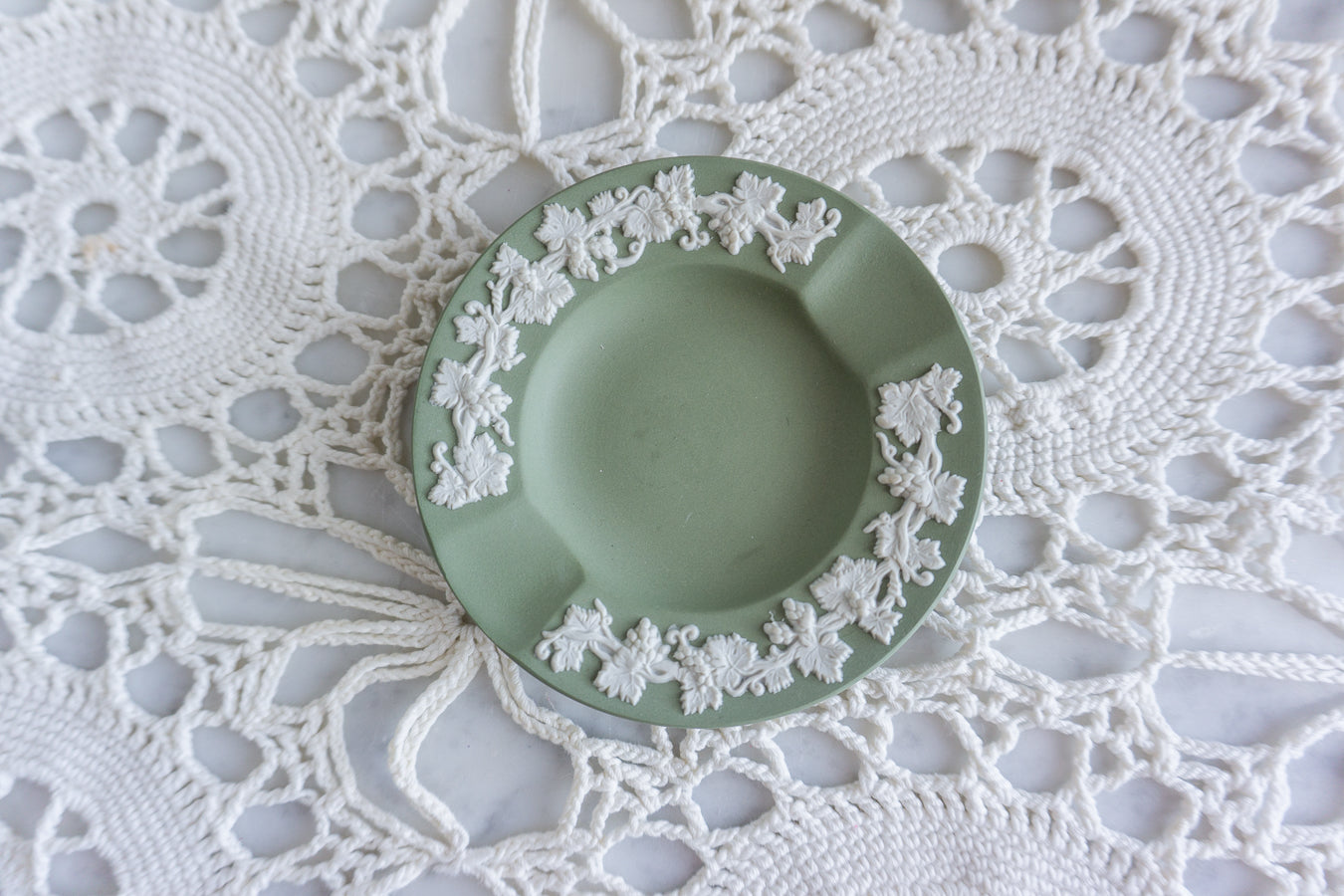 Wedgwood Green Jasperware Ashtray – England – Grapevine Relief Border
