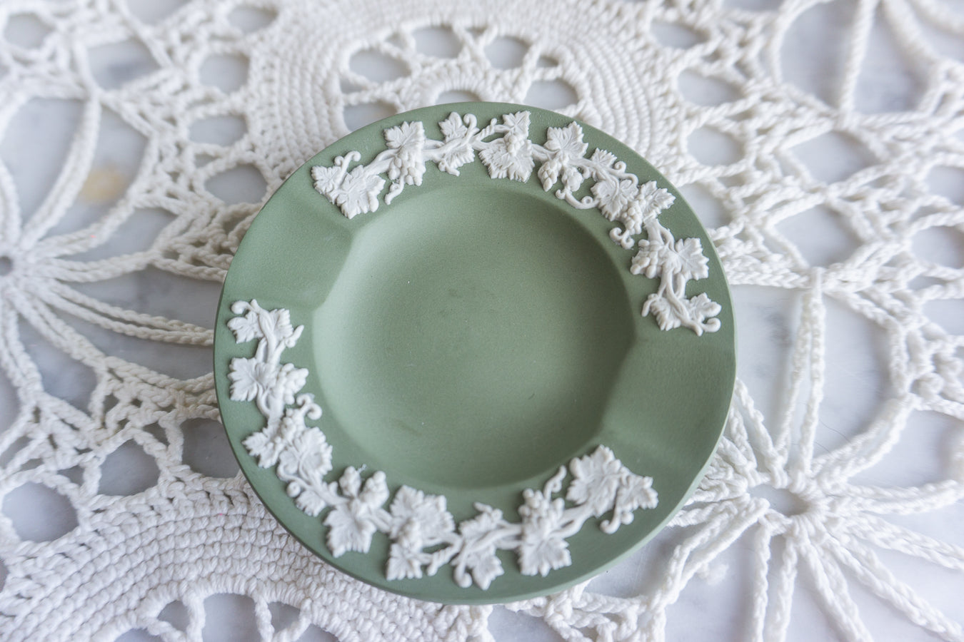 Wedgwood Green Jasperware Ashtray – England – Grapevine Relief Border