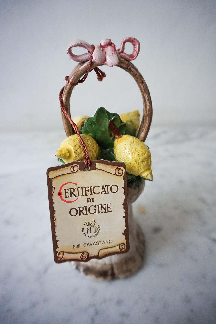 Capodimonte Ceramic Bell - Hand-Painted Lemon Basket with Pink Ribbon Bow