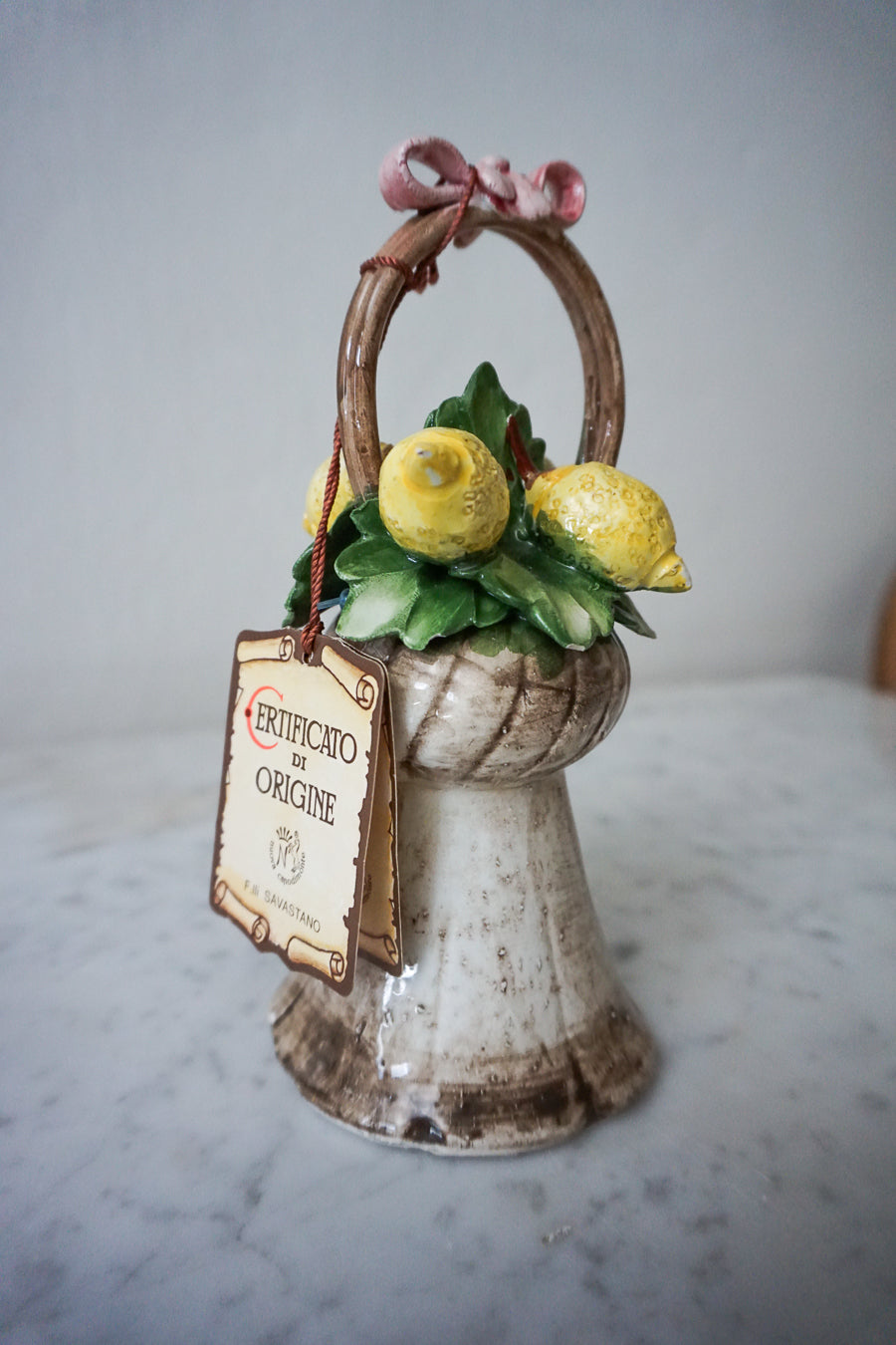 Capodimonte Ceramic Bell - Hand-Painted Lemon Basket with Pink Ribbon Bow