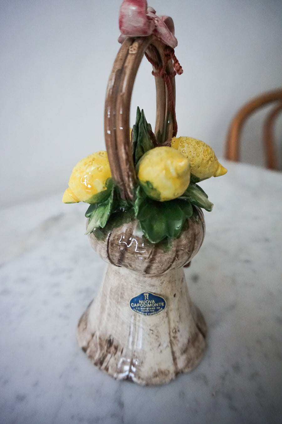 Capodimonte Ceramic Bell - Hand-Painted Lemon Basket with Pink Ribbon Bow