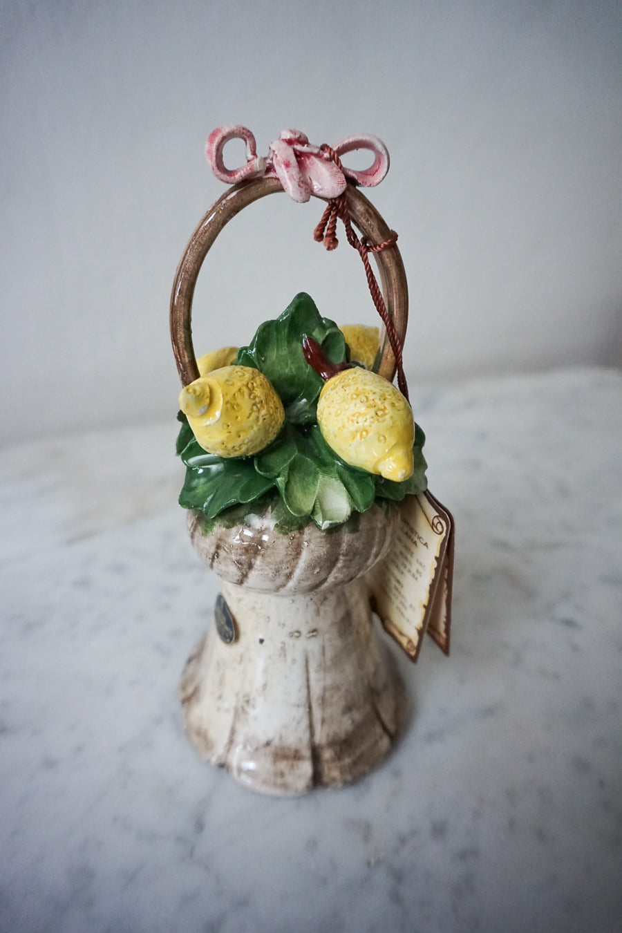 Capodimonte Ceramic Bell - Hand-Painted Lemon Basket with Pink Ribbon Bow