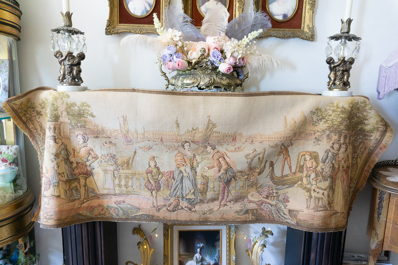 Antique Belgium Woven Venice Scene Tapestry