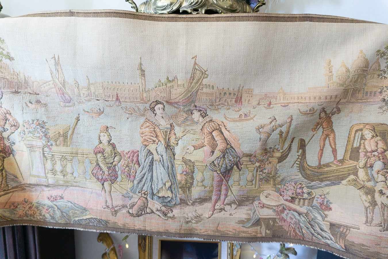 Antique Belgium Woven Venice Scene Tapestry