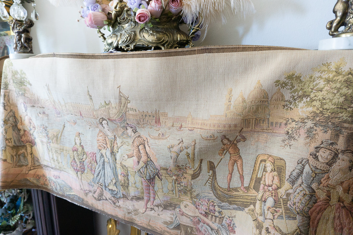 Antique Belgium Woven Venice Scene Tapestry