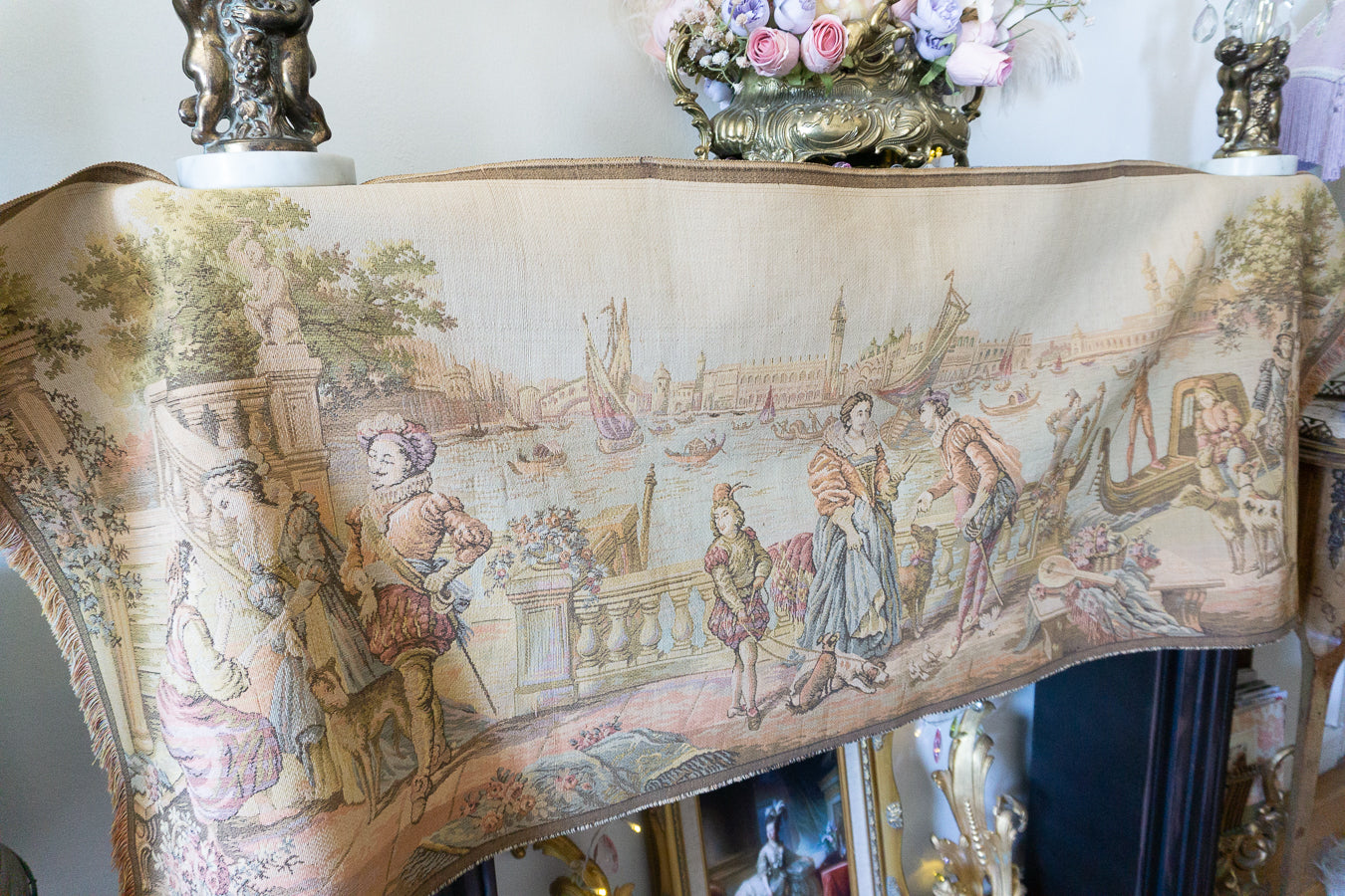 Antique Belgium Woven Venice Scene Tapestry