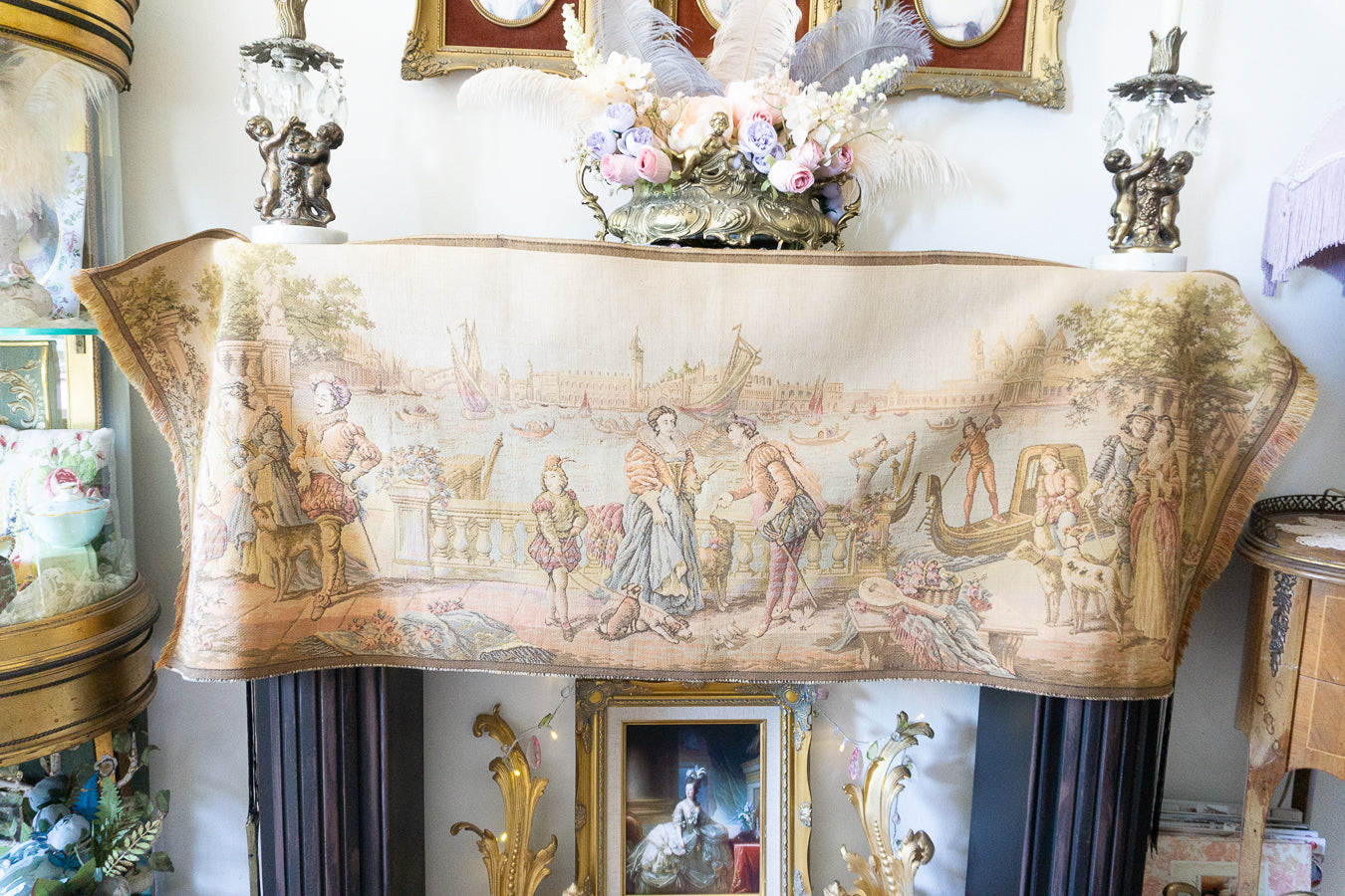 Antique Belgium Woven Venice Scene Tapestry