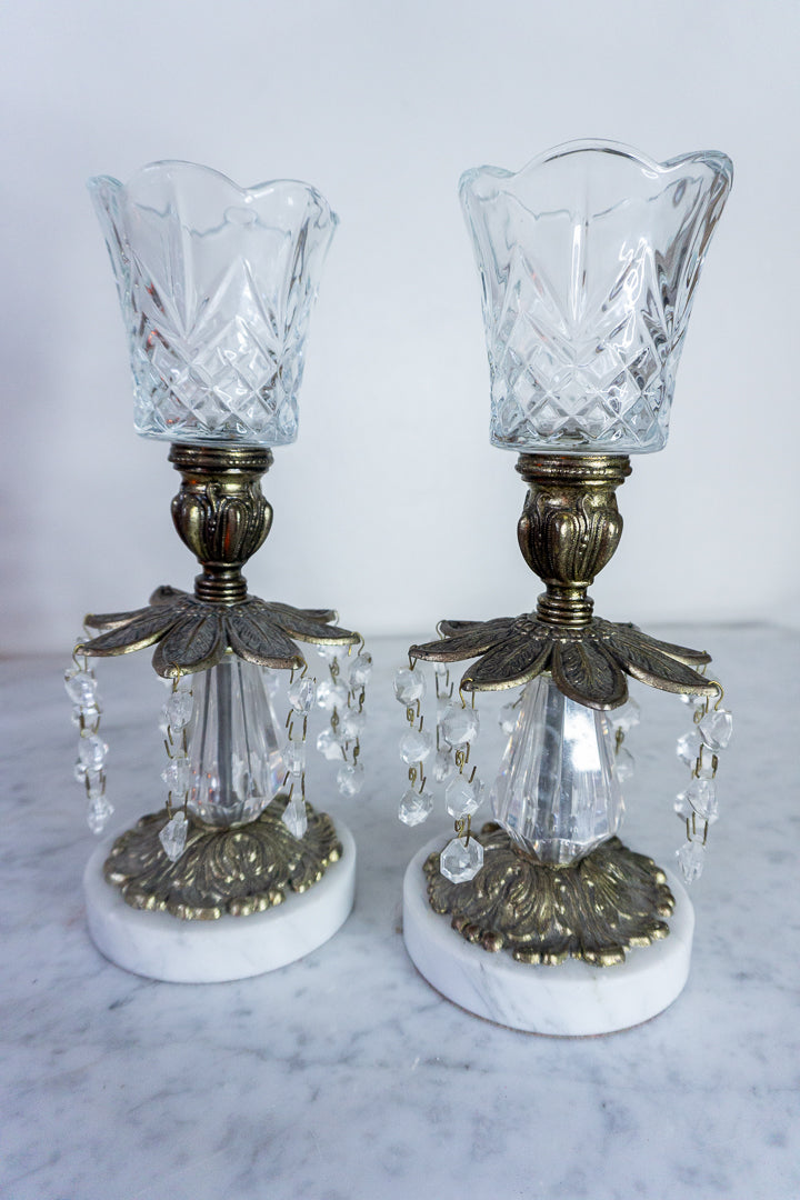 Antique Brass Crystal Candle Holders (Set of 2)