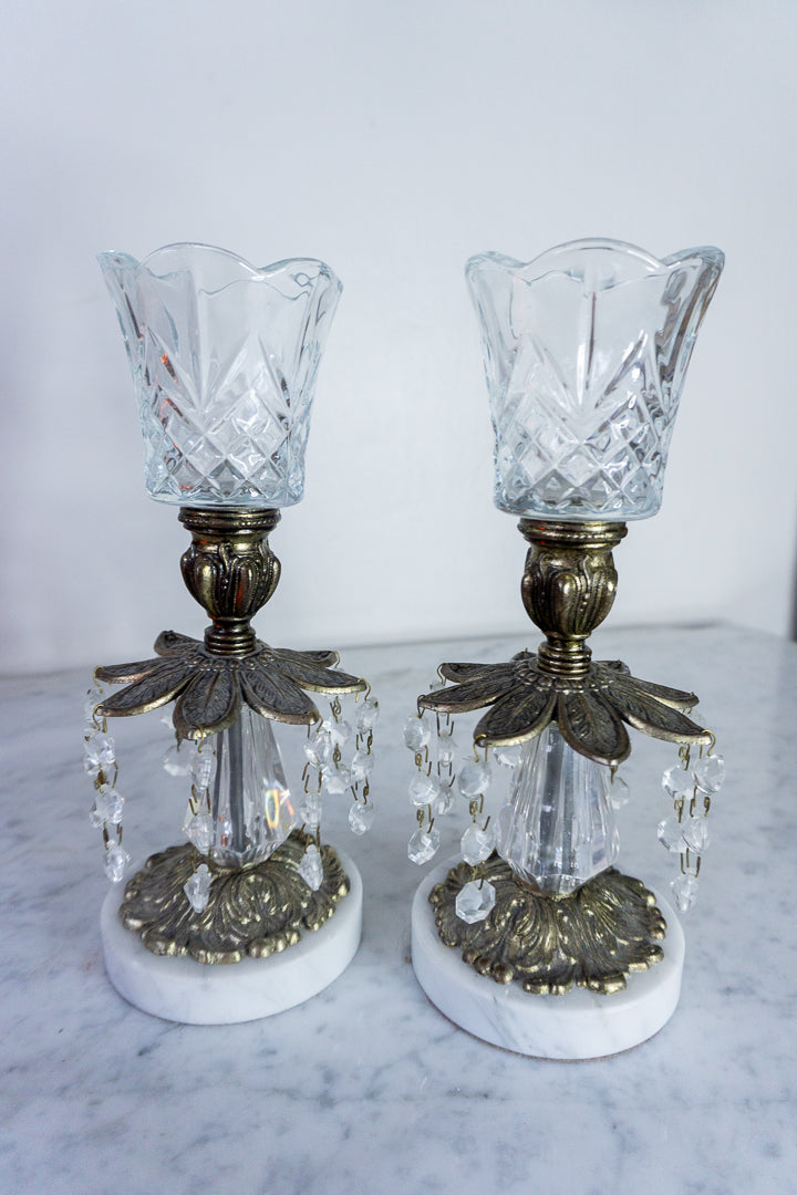 Antique Brass Crystal Candle Holders (Set of 2)
