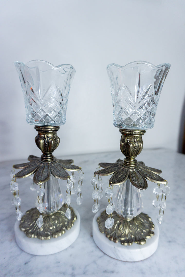 Antique Brass Crystal Candle Holders (Set of 2)