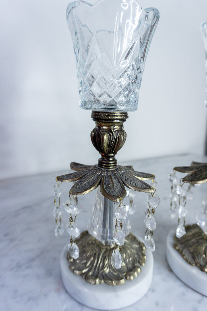 Antique Brass Crystal Candle Holders (Set of 2)