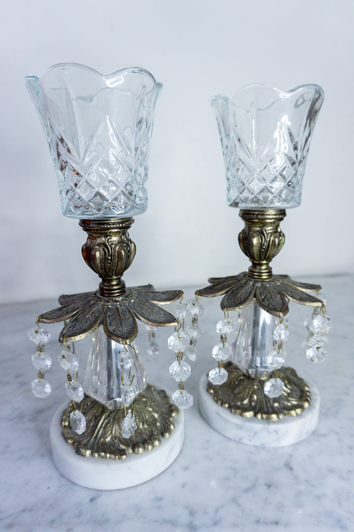 Antique Brass Crystal Candle Holders (Set of 2)