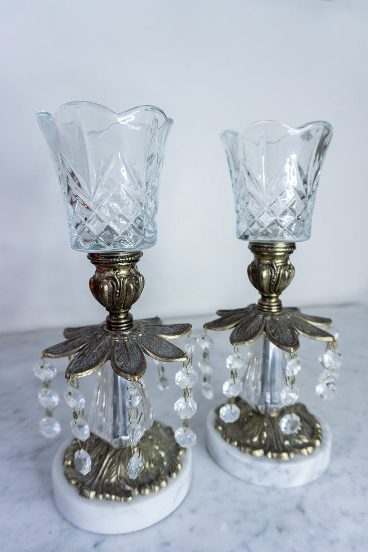 Antique Brass Crystal Candle Holders (Set of 2)