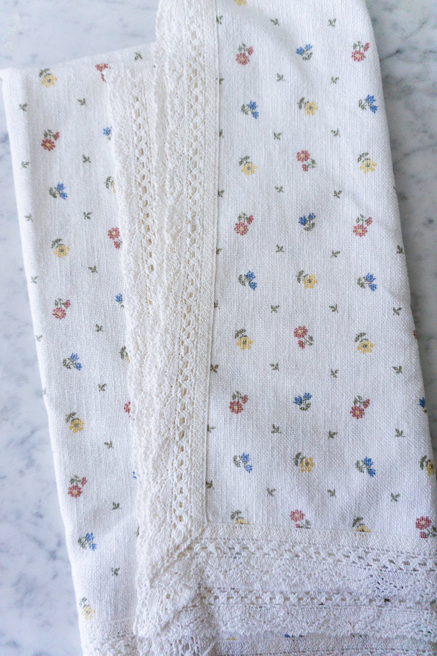Close-up of the floral pattern on the Austrian tablecloth.