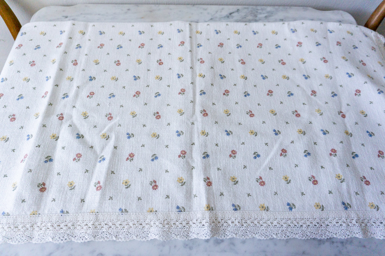 Close-up of the floral pattern on the Austrian tablecloth.