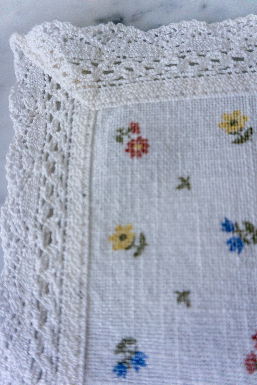 Austrian Floral Tablecloth with Crochet Lace Edging