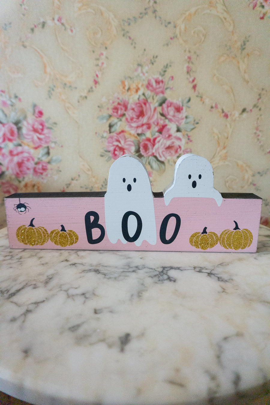 Pastel Pink Ghost Boo Wood Block Tabletop Sign