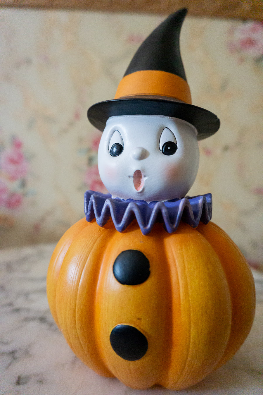 Pumpkin Ghost Figure with Witch Hat