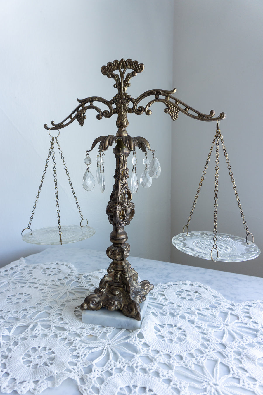 Vintage Hollywood Regency Crystal Cast Metal Marble Scales Of Justice, Made in Italy