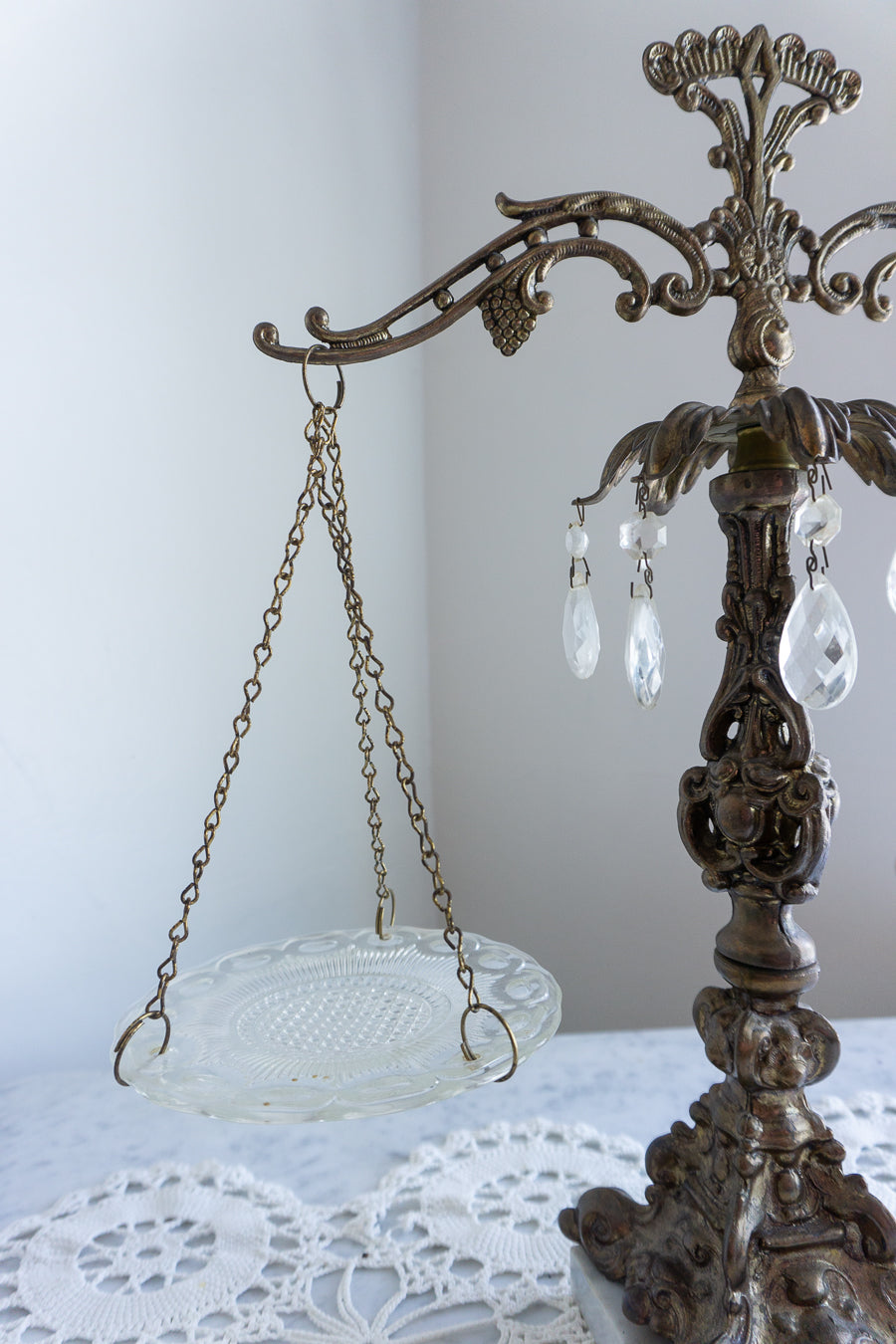 Vintage Hollywood Regency Crystal Cast Metal Marble Scales Of Justice, Made in Italy
