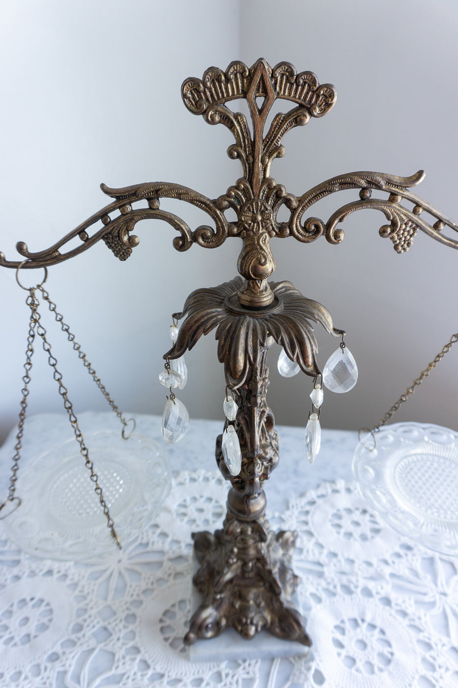 Vintage Hollywood Regency Crystal Cast Metal Marble Scales Of Justice, Made in Italy