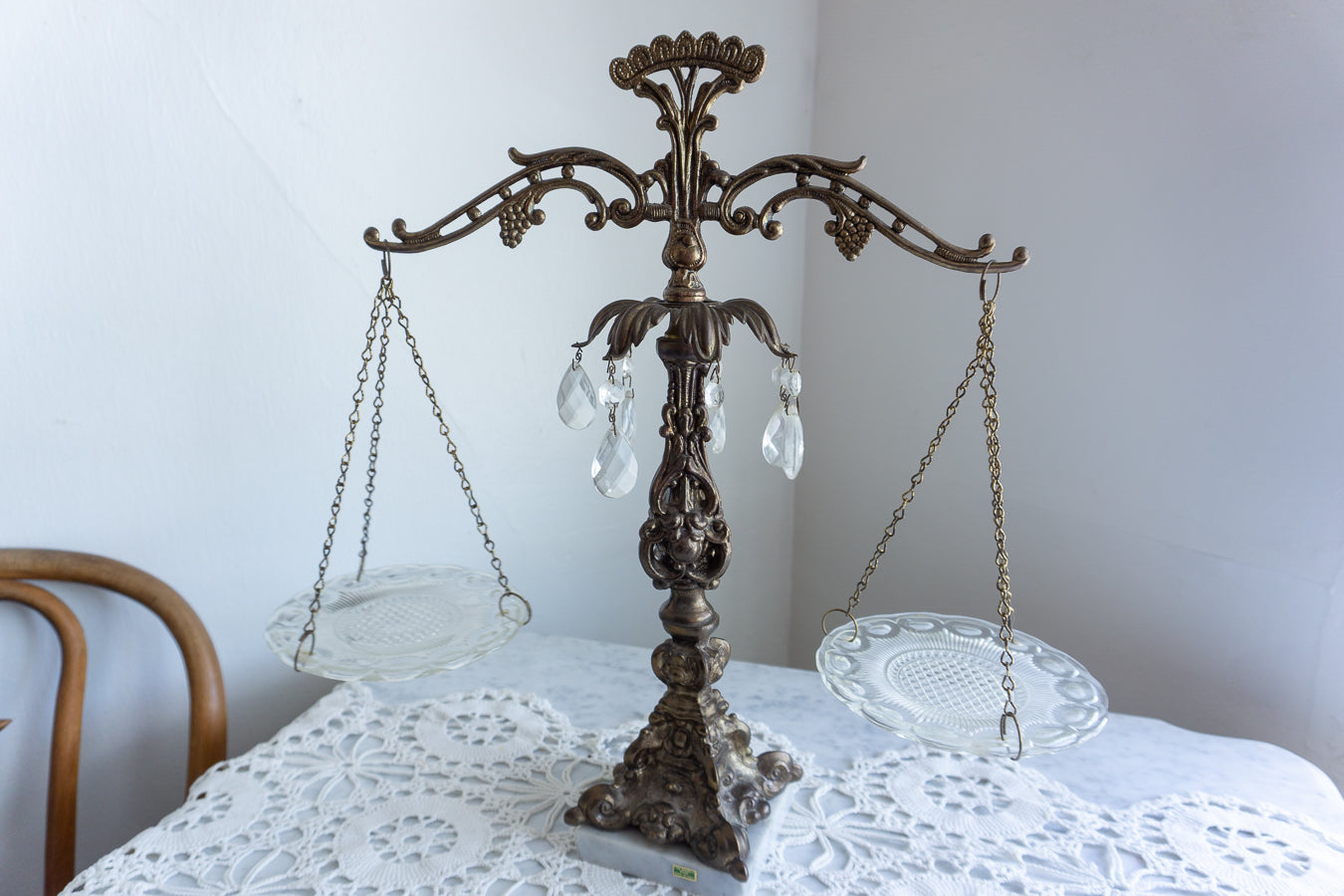 Vintage Hollywood Regency Crystal Cast Metal Marble Scales Of Justice, Made in Italy