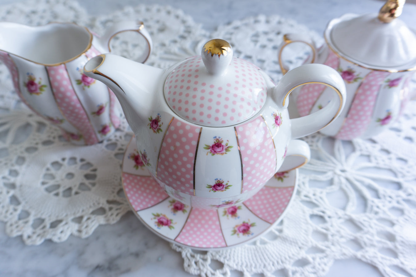 Grace Teaware Shabby Chic Rose Floral Porcelain Tea Set – 4-Piece Stackable Set