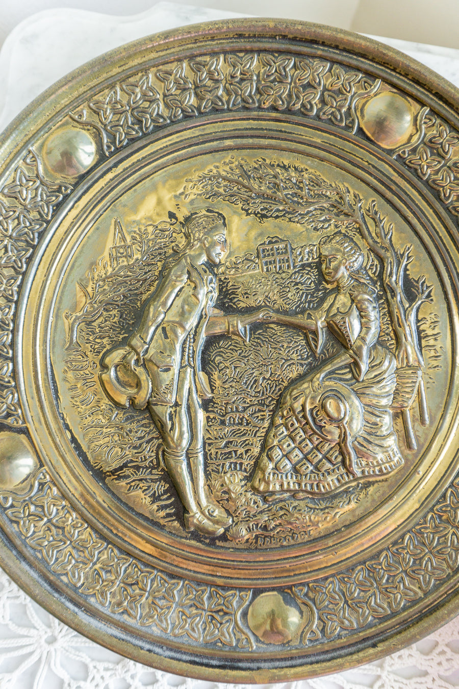 Pair of Embossed Brass Wall Plaques – Victorian Courting Scene Decorative Art