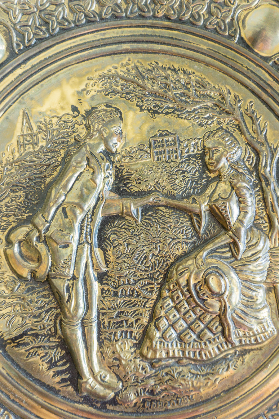 Pair of Embossed Brass Wall Plaques – Victorian Courting Scene Decorative Art