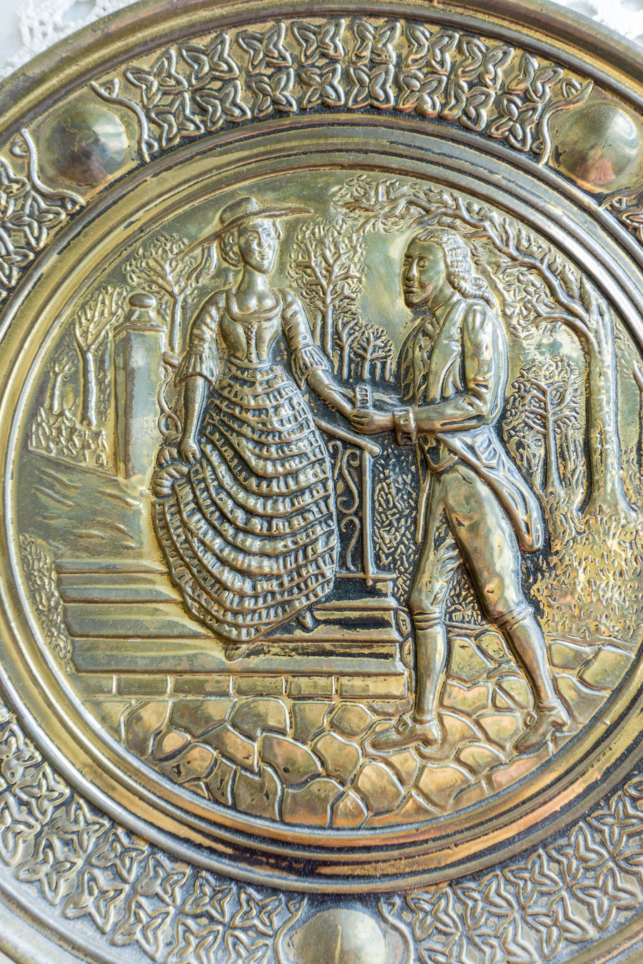 Pair of Embossed Brass Wall Plaques – Victorian Courting Scene Decorative Art