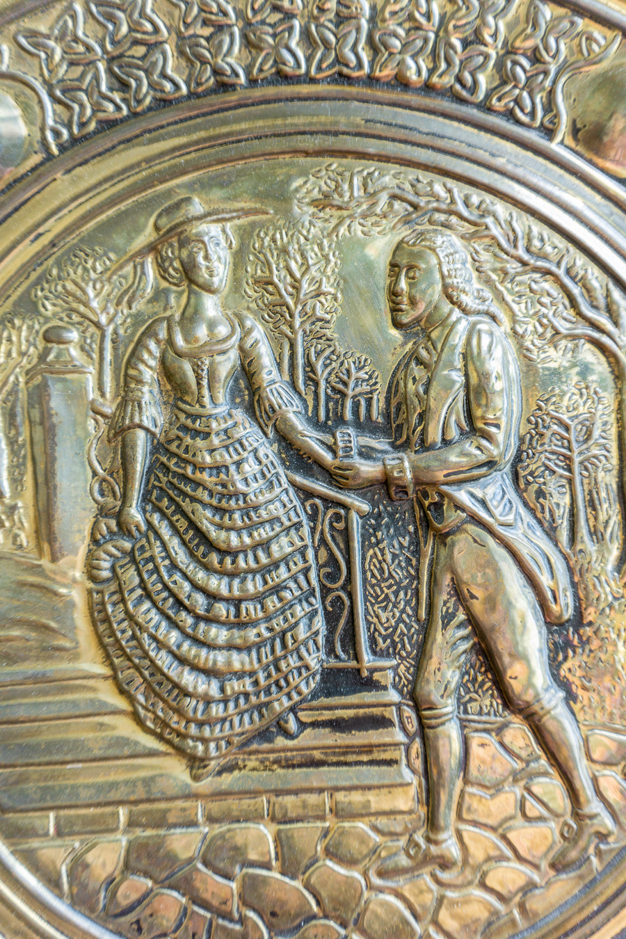 Pair of Embossed Brass Wall Plaques – Victorian Courting Scene Decorative Art