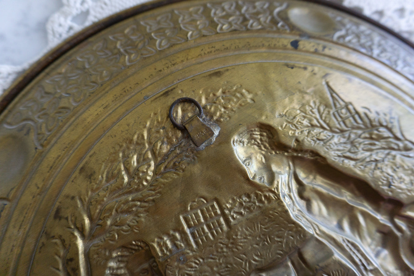 Pair of Embossed Brass Wall Plaques – Victorian Courting Scene Decorative Art
