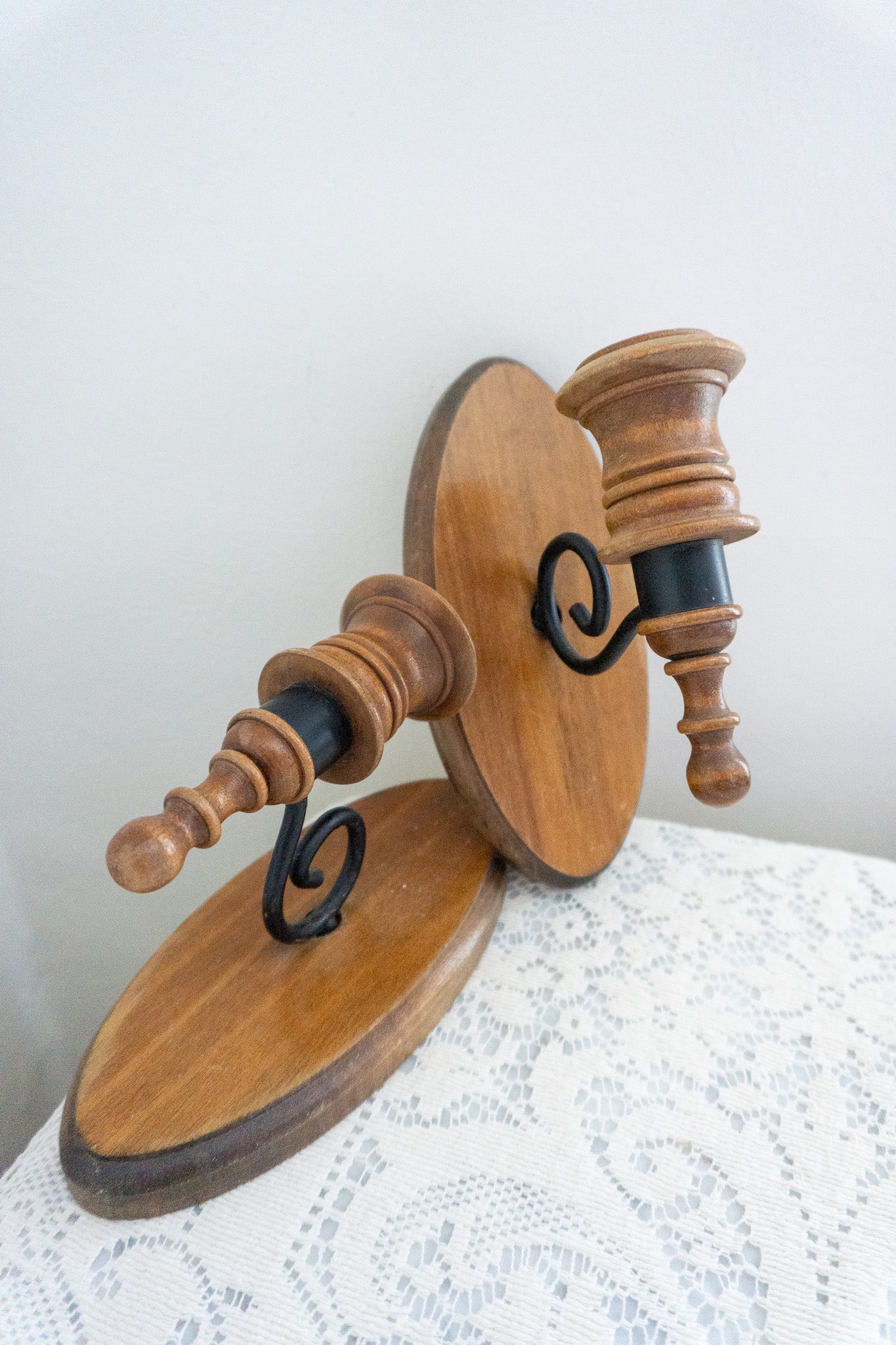 Two Vintage Wood and Metal Wall Sconces