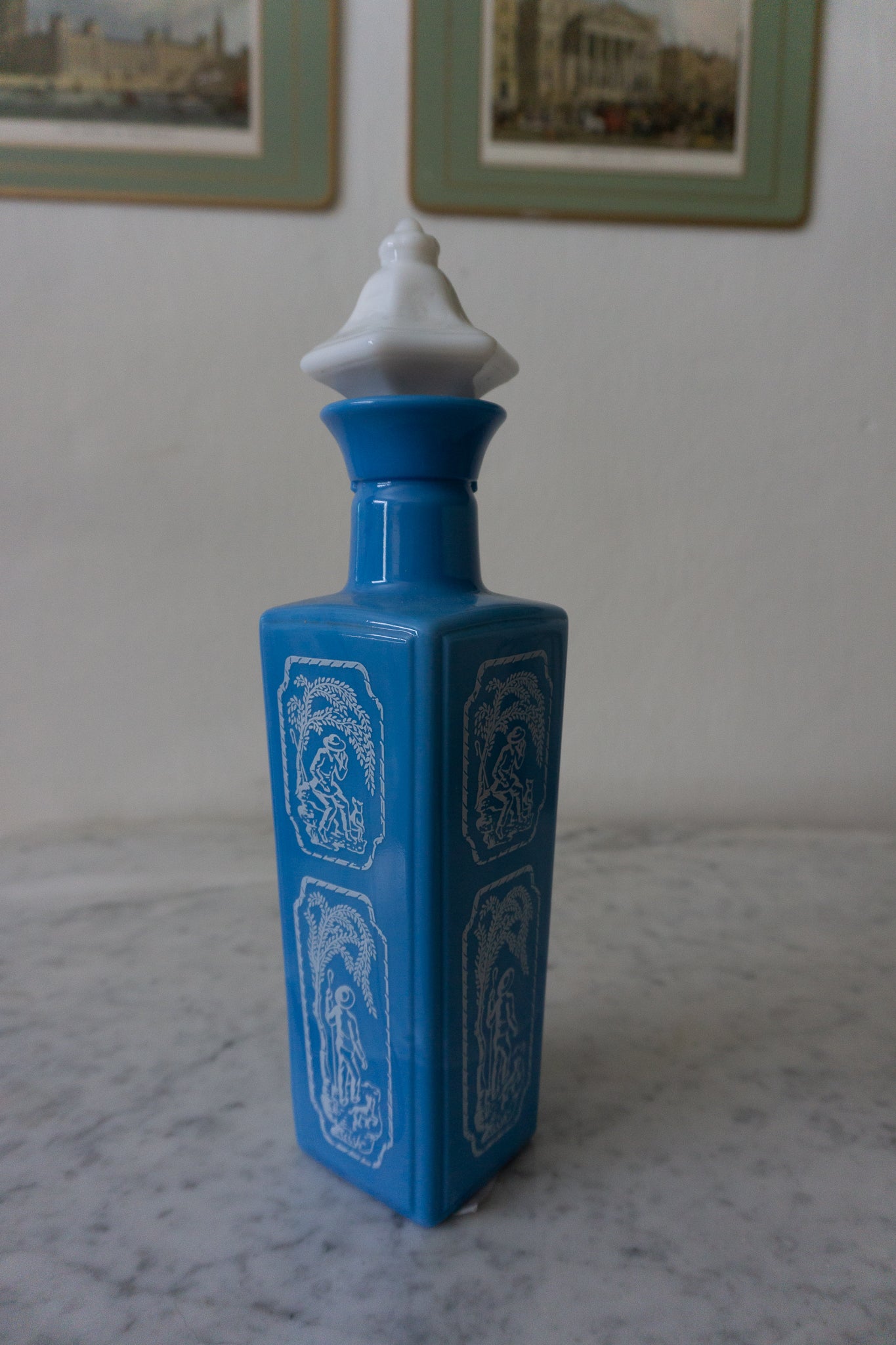 Blue & White Milk Glass Bottle, c. 1965