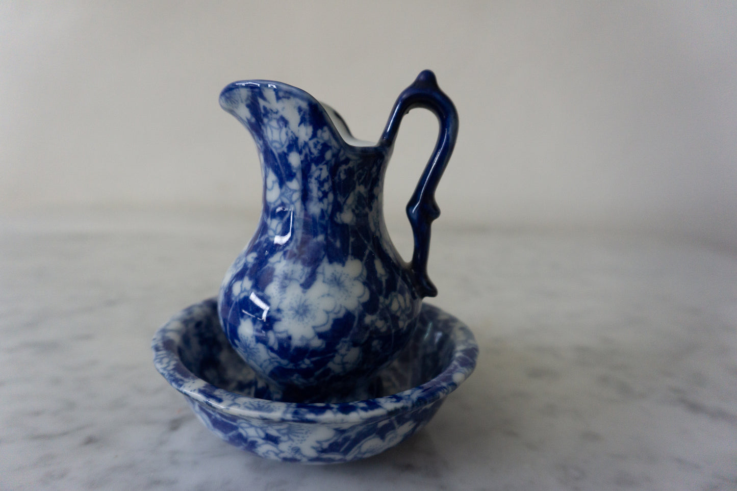 Vintage Victoria Ware Ironstone Pitcher and Basin Blue Floral Calico 4” Mini