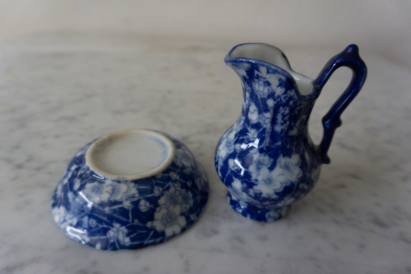 Vintage Victoria Ware Ironstone Pitcher and Basin Blue Floral Calico 4” Mini